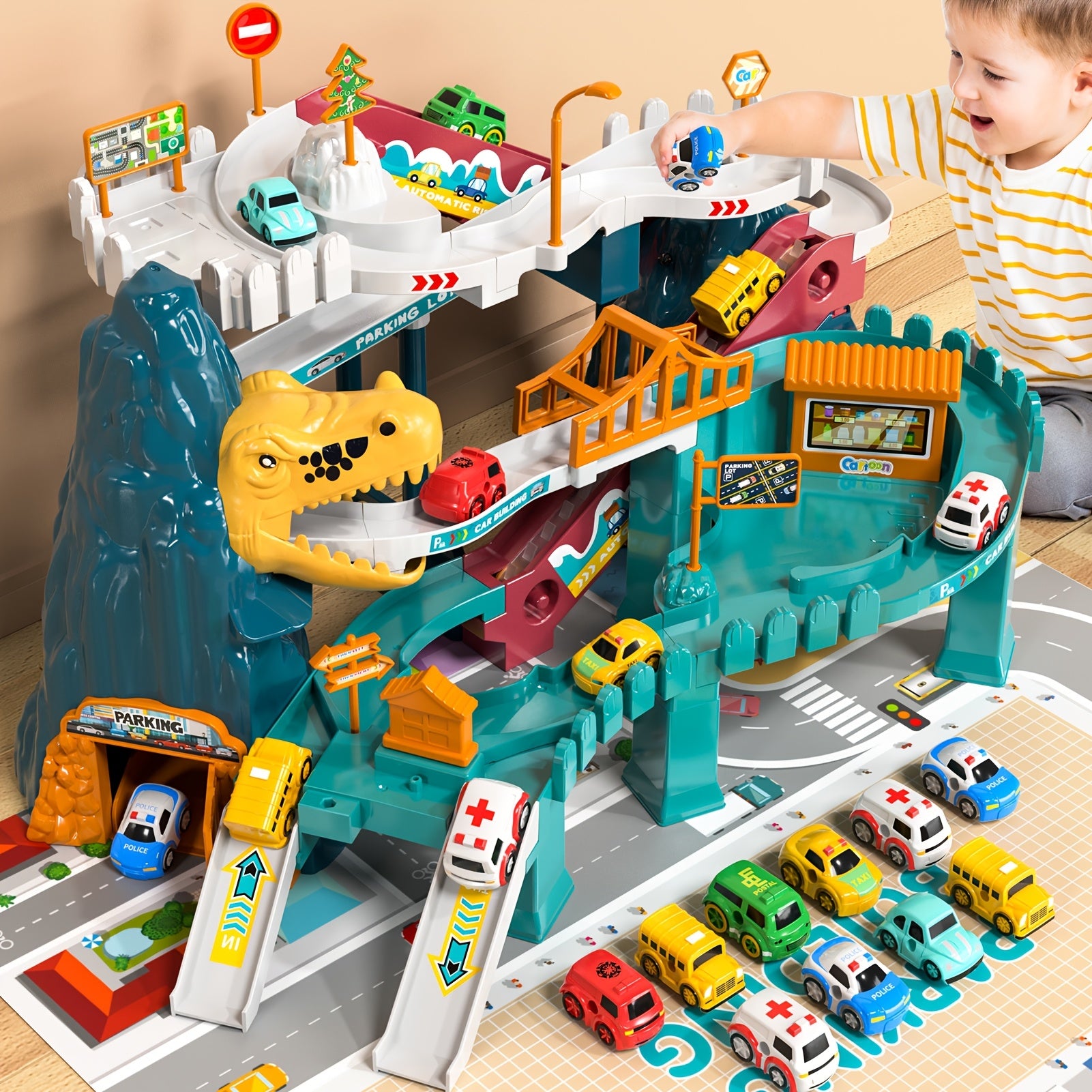Dinosaur Race Track for Kids, Toy Car Ramp Track Dinosaur Toys Playset with 10 Cars for Kids Boys And Girls