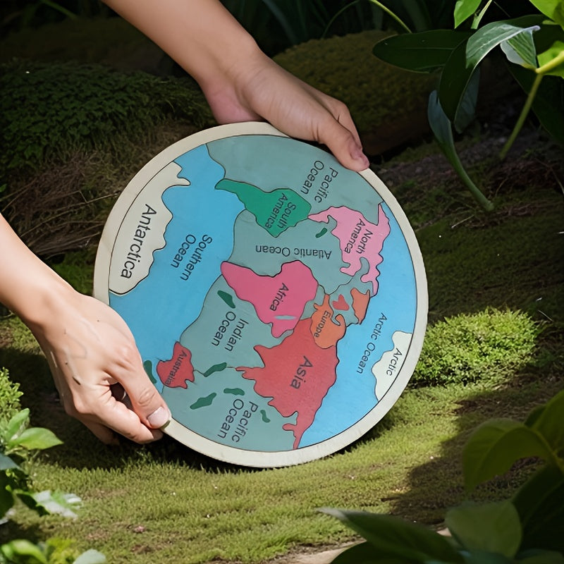 7.8 X7.8 In/20X20Cm Wooden Seven Continents Color Puzzle, Geography Children's Puzzle Learning Geometric Toy Gift, Educational Gift