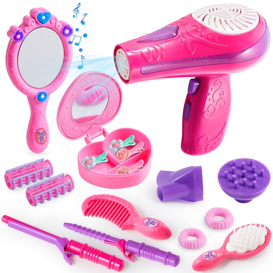 17pcs Girls Beauty Salon Set, Pretend Play Doll Hair Stylist Toy Kit with Hairdryer, Mirror, Curling Iron And Other Additions for Kids Fashion Cutting Makeup Party Favor, Perfect Christmas Gifts