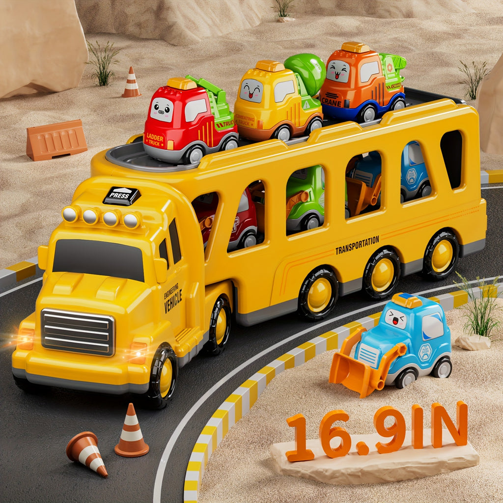 [Birthday Gift] Trucks Toys for Boys Kids, 16.9in Longer Transport Construction Truck with 6 Cars, Car Truck Toys with Lights & Sounds, Birthday Gift for Boys And Girls