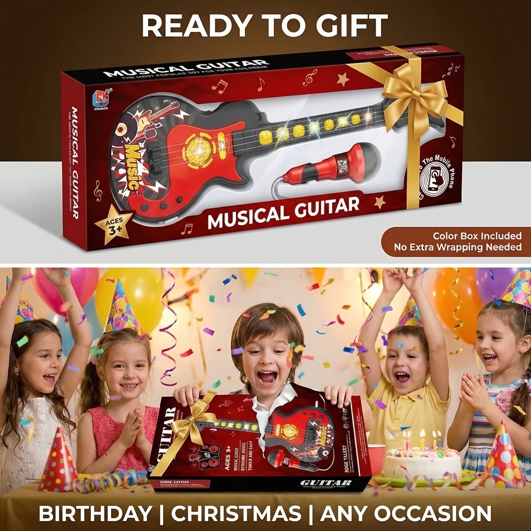 Kids Electric Guitar Toy with Microphone, Musical Instrument Toy with Light And Sound, Guitar for Toddlers 3-8, Birthday Gift for Boys Girls
