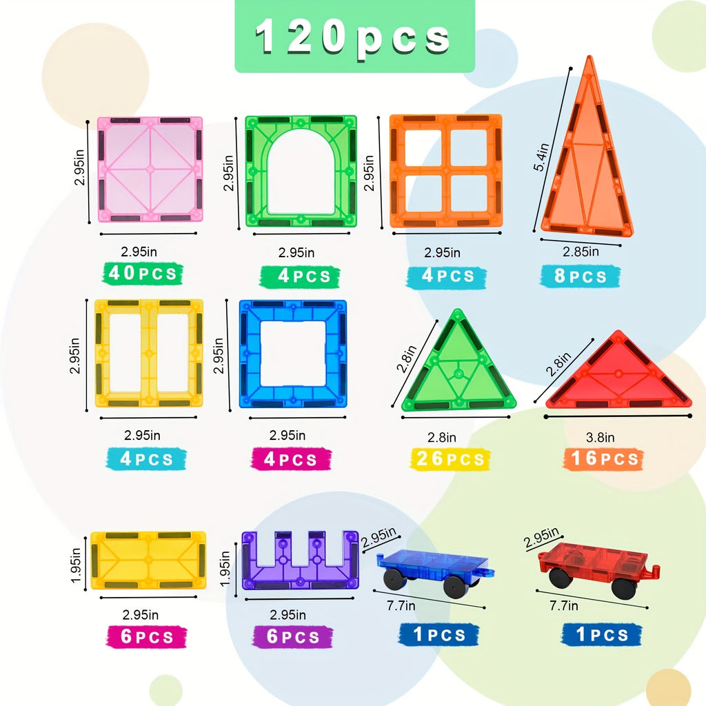 Magnetic Tiles, Deluxe 120pcs Building Blocks Magnet Toys for Kids, 3D Magnet Puzzles Stacking Blocks for Boys Girls, Huge Set with 2 Cars