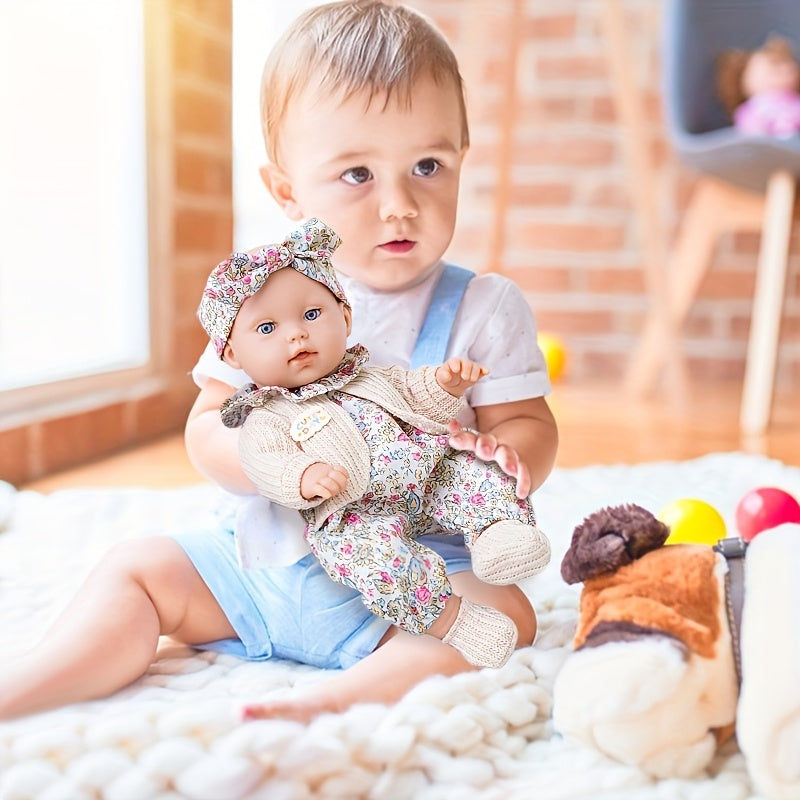 12 Inch Realistic Vinyl Doll Set, Including 1 Doll, 1 Set Of Floral Clothes, 1 Headscarf, 1 Pair Of Socks, 1 Toy Rabbit, And 1 Rabbit Skirt, Children's Toys, Suitable for Dress Up Games, Birthday Gifts, Game Gifts, Holiday Gifts, Realistic Reborn