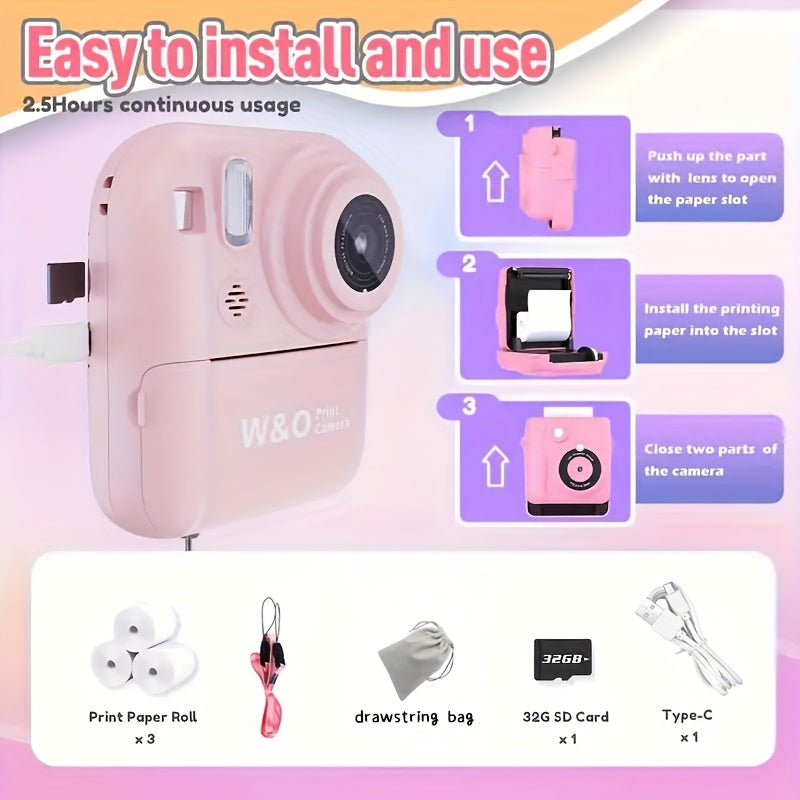 Instant Printer Camera for Kids - Camera Game MP3 3-in-1, Instant Print Photos In 1 Second, Puzzle Games, 10x Digital Zoom, 2.4'' HD Screen, Photography - 32G Card, Card Reader, USB Cable, Lanyard, Print Paper, Storage Bag - Perfect Halloween