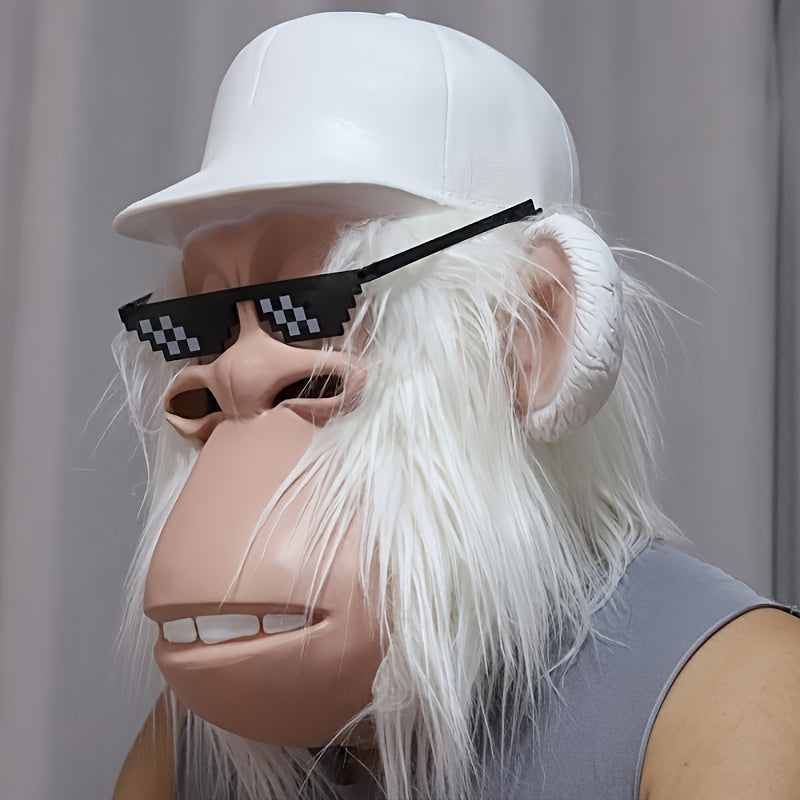 [Halloween] 1pc Funny Plush Monkey Mask - Cute Cartoon Animal Costume with White Hair, Fashion Glasses & Hat - Soft Latex Full Head Design for Halloween Parties, Role-Playing - One Size Fits Most Adults