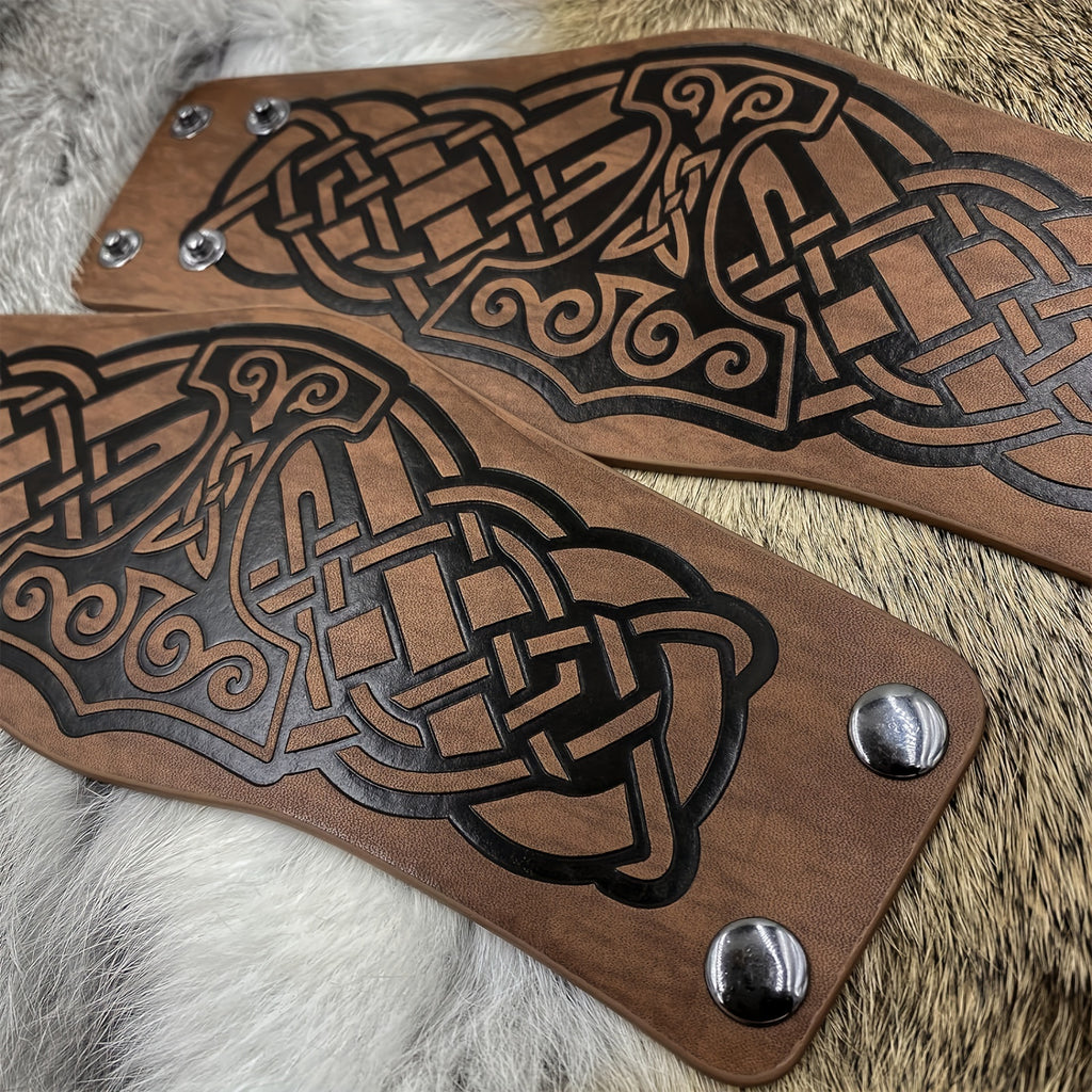 2pcs Viking Embossed Faux Leather Cuff Bracelets - Norwegian Vintage Wristbands with Nordic Mjolnir & Vegvisir Designs