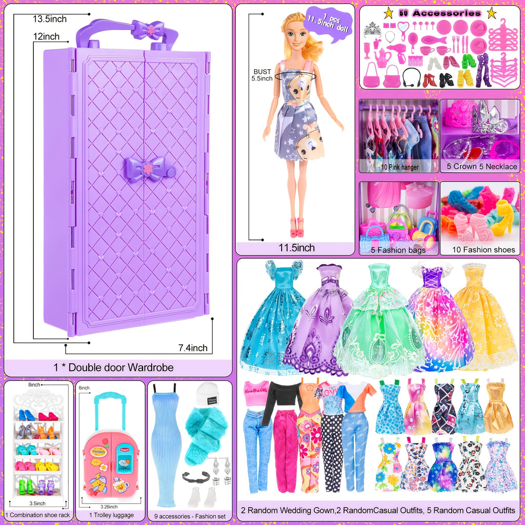 Doll Closet Playset with Doll Clothes And Accessories Including One Doll, Closet, Stylish Blue Set, Luggage, Shoe Rack, Wedding Gowns.Christmas Gift for Kids Aged 3+