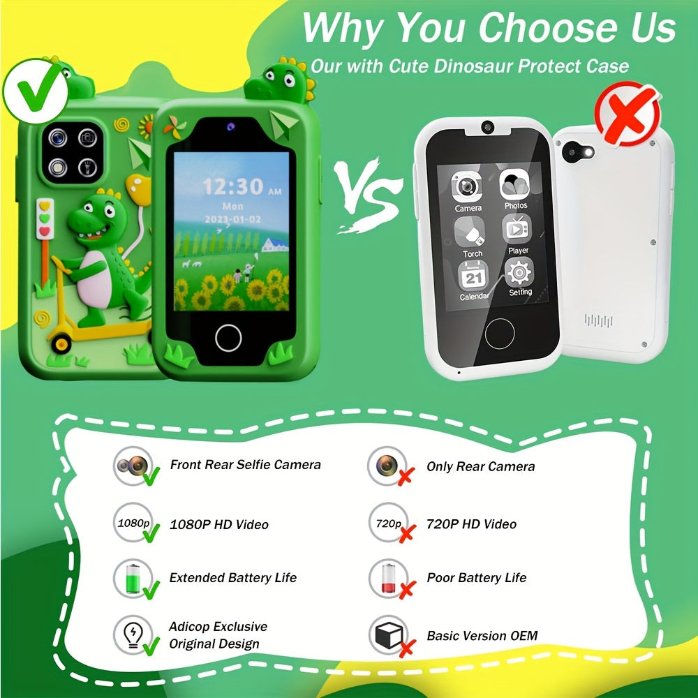 Fun Explorer Phone - 8GB HD Touchscreen Dual Camera Cell Phone With Dinosaur Design, Kids Toy Phone, Educational Travel Toy, Birthday Halloween Christmas Gift For Boys And Girls