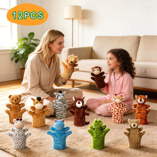 12pcs Hand Puppet Zoo Animal Plush Puppets Cute Animal Hand Puppets Plush Pretend Toys, with Tiger Lion Bear Leopard Design for Telling Story Teaching Role Play, Christmas, Halloween Special Gifts