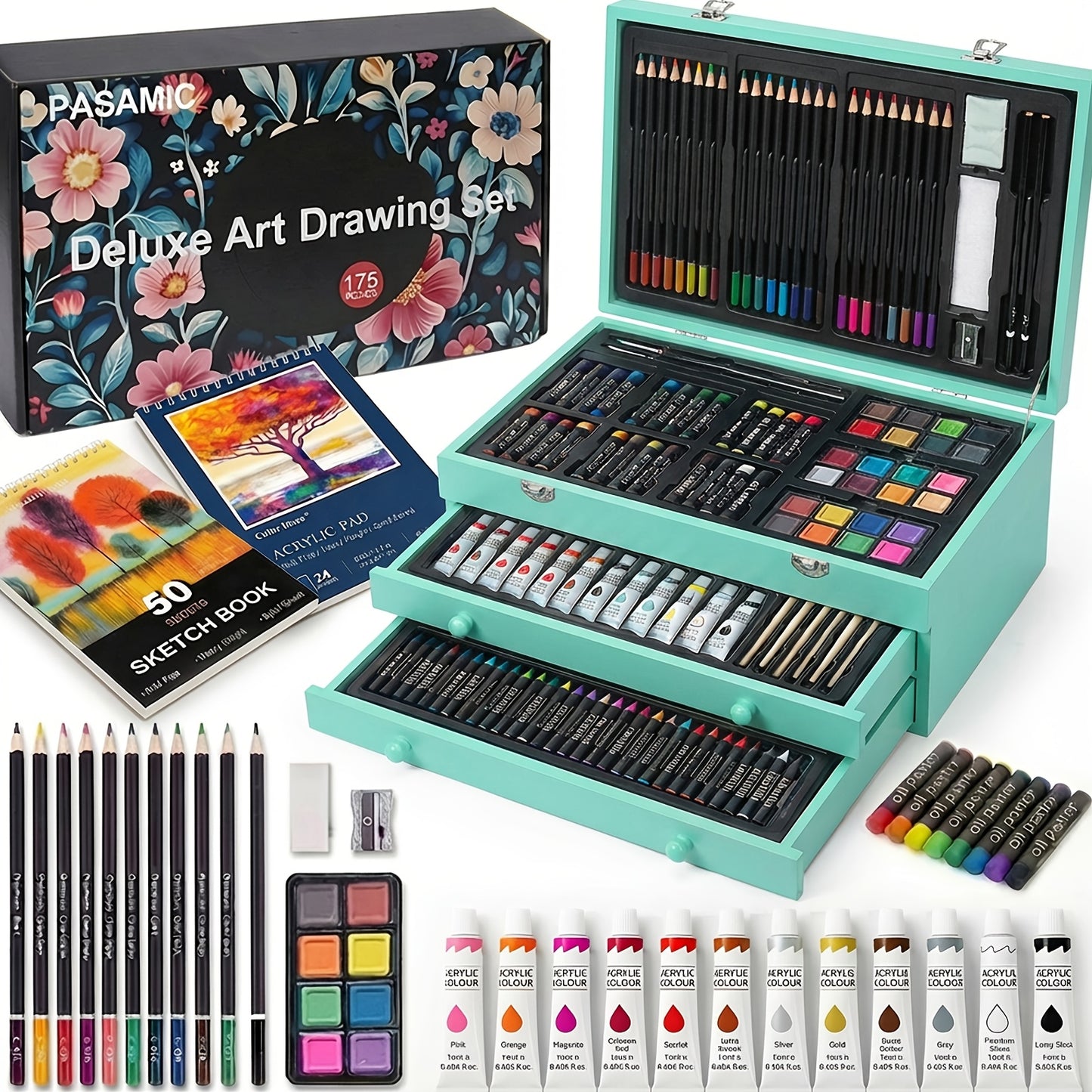 172pcs Deluxe Art Set with An Exquisite Gift Box And 2 Drawing Pads, Crayons, Acrylic Paints, Colored Pencils Set In Wooden Case, Professional Art Kit, Paint Supplies, Gift, Christmas, Art & Crafts, Craft Kits