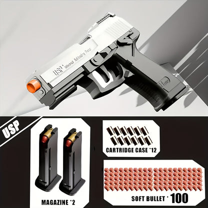 Cool Toy Gun, Soft Bullet Toy Gun Pistol With Ejecting Shells, Semi-Automatic Rapid-fire Toy Fake Guns With 100 Bullets, Indoor, Outdoor Shooting Games, Birthday Halloween Christmas Gift For Boy