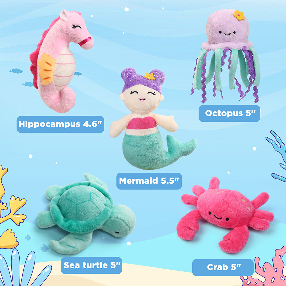 Ocean Stuffed Animals, 5 Pack Small Sea Creature Plush Toys and Shell Carrying Bag Set, Cute Plushies for Baby Kids, Sea Turtle, Octopus, Mermaid, Seahorse, Crab