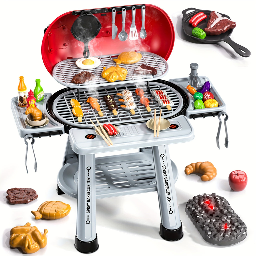 Imaginative BBQ Grill Playset for Kids, Two-Tier Structure, Includes Toy Food Items Like Meats, Fruits, Spices, And a Functional Water Tap, Suitable for Girls Aged 3 And Up