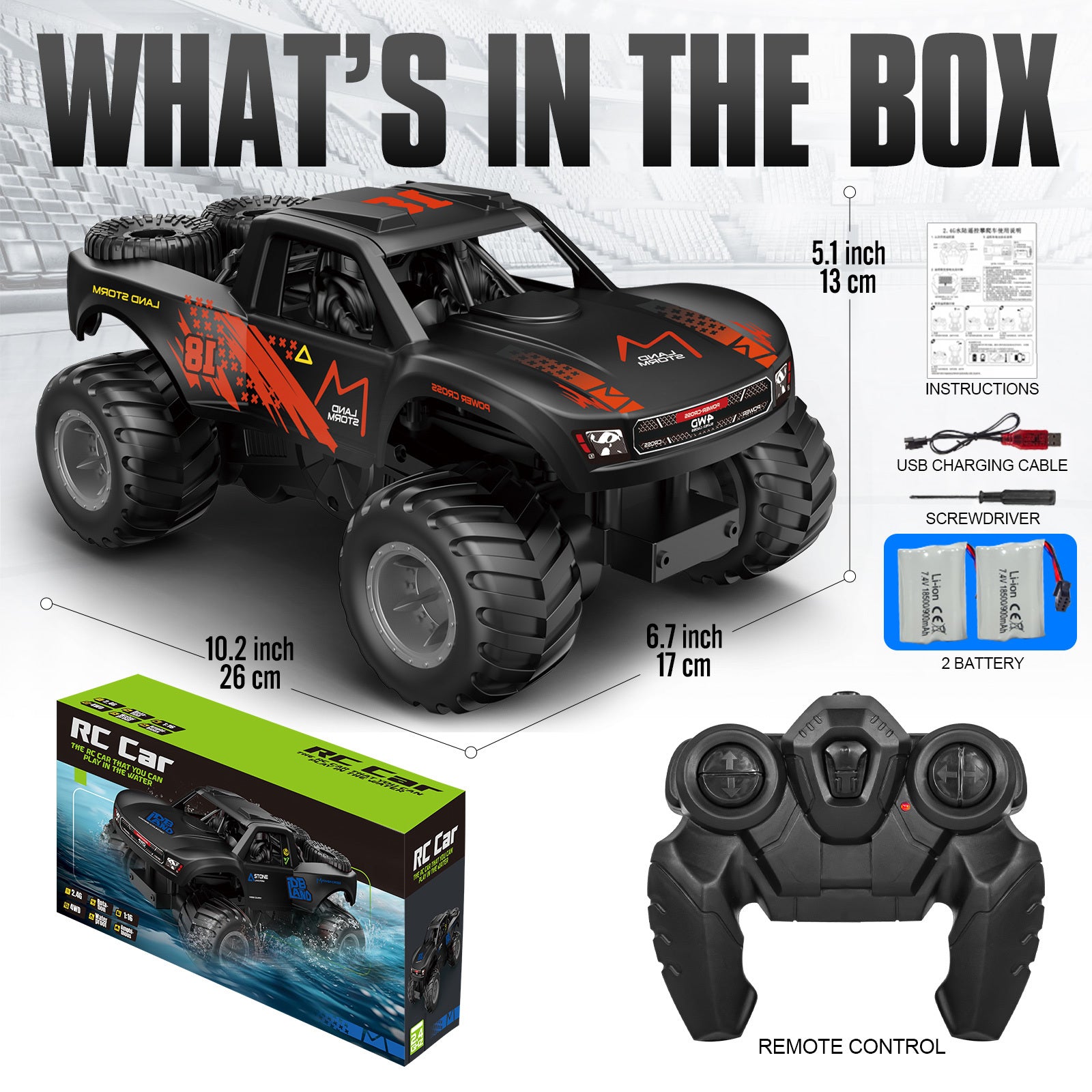 RC Trucks 4x4 Offroad Waterproof 1:16 Amphibious Remote Control Car with 2 Rechargeable Battery 4WD All Terrain Monster Truck RC Car for Boys 4-7 gift present