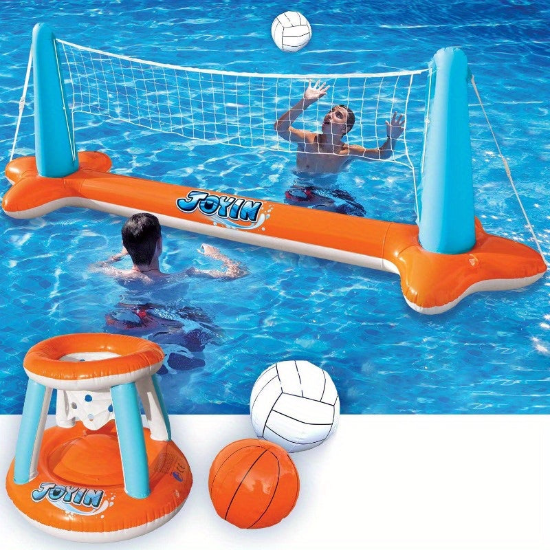 SYNCFUN Inflatable Pool Float Set Volleyball Net & Basketball Hoops, Floating Swimming Party Games & Activities Toy for Kids And Adults, Summer Floaties, Volleyball Court Basketball, L-Orange