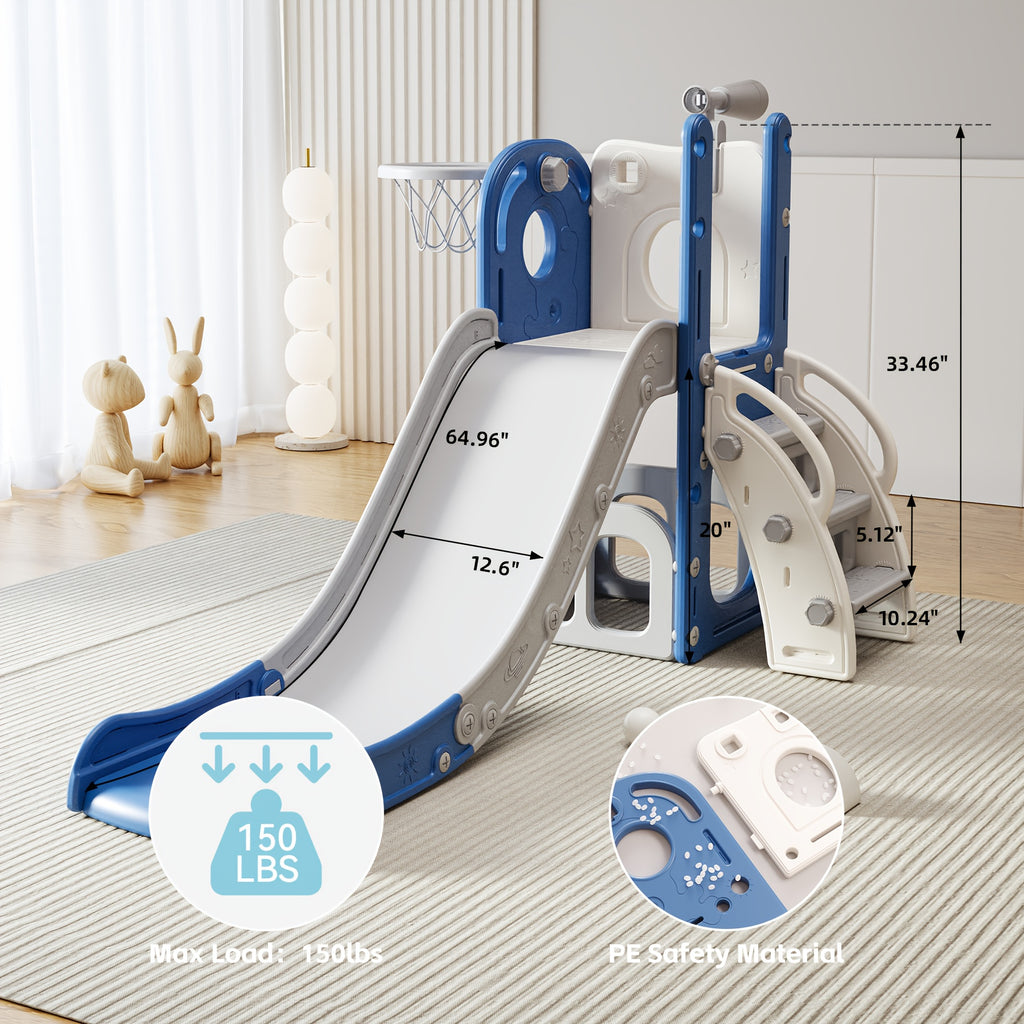 Toddler Slide Kids Climber Slides Baby Slider for Toddler, L Shaped Indoor Outdoor Playground Playset with Basketball Hoop, Storage, Telescope Toy Easy Assembly Gift for Boys And Girls