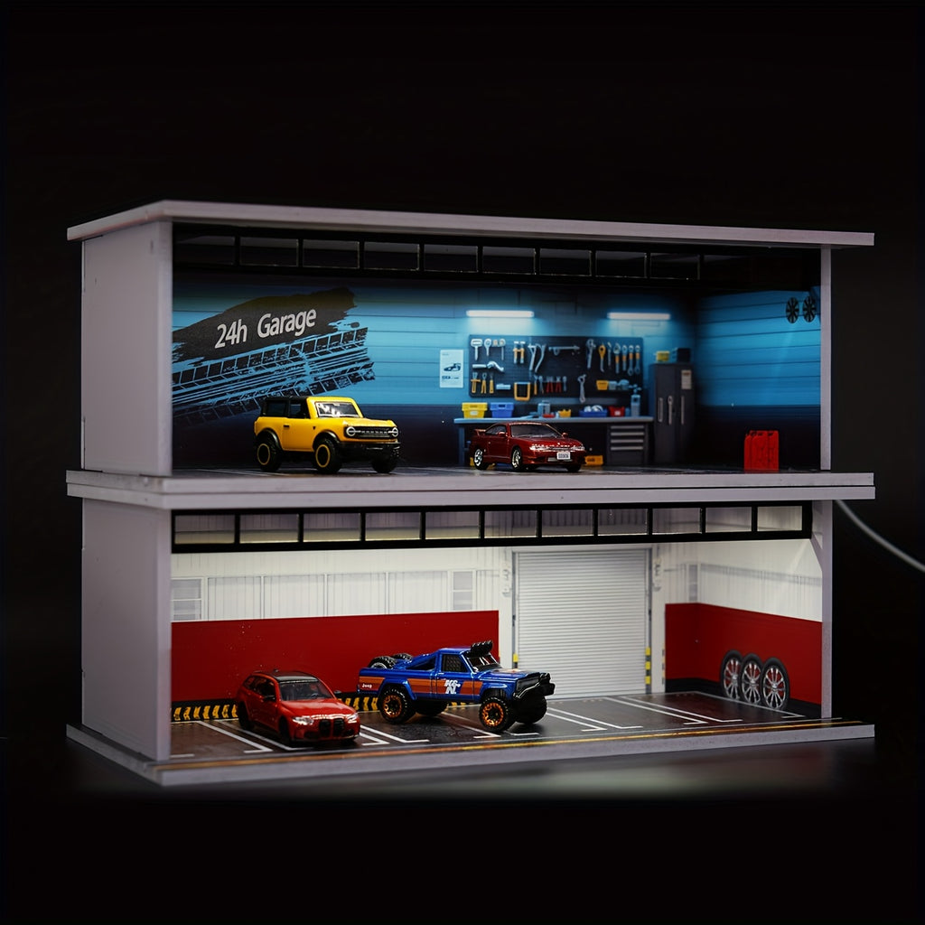 [LED Light Diecast Display Case] LED Light Acrylic Cover Diecast Display Case - 1/64 Scale Die-cast Model Car Parking Garage Dioramas with 6 Parking Spaces