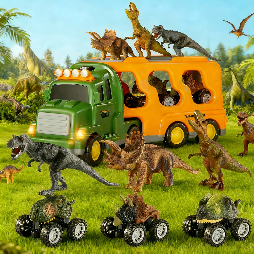 Dinosaurs Truck Toys Suitable for Boys Kids 3-5 Years - Push-Action Dino & Monster Car Friction Vehicle with Light & Sound Effects, 3 Dino Figures & 3 Cars, - Roaring Dino Toys, Christmas Gift