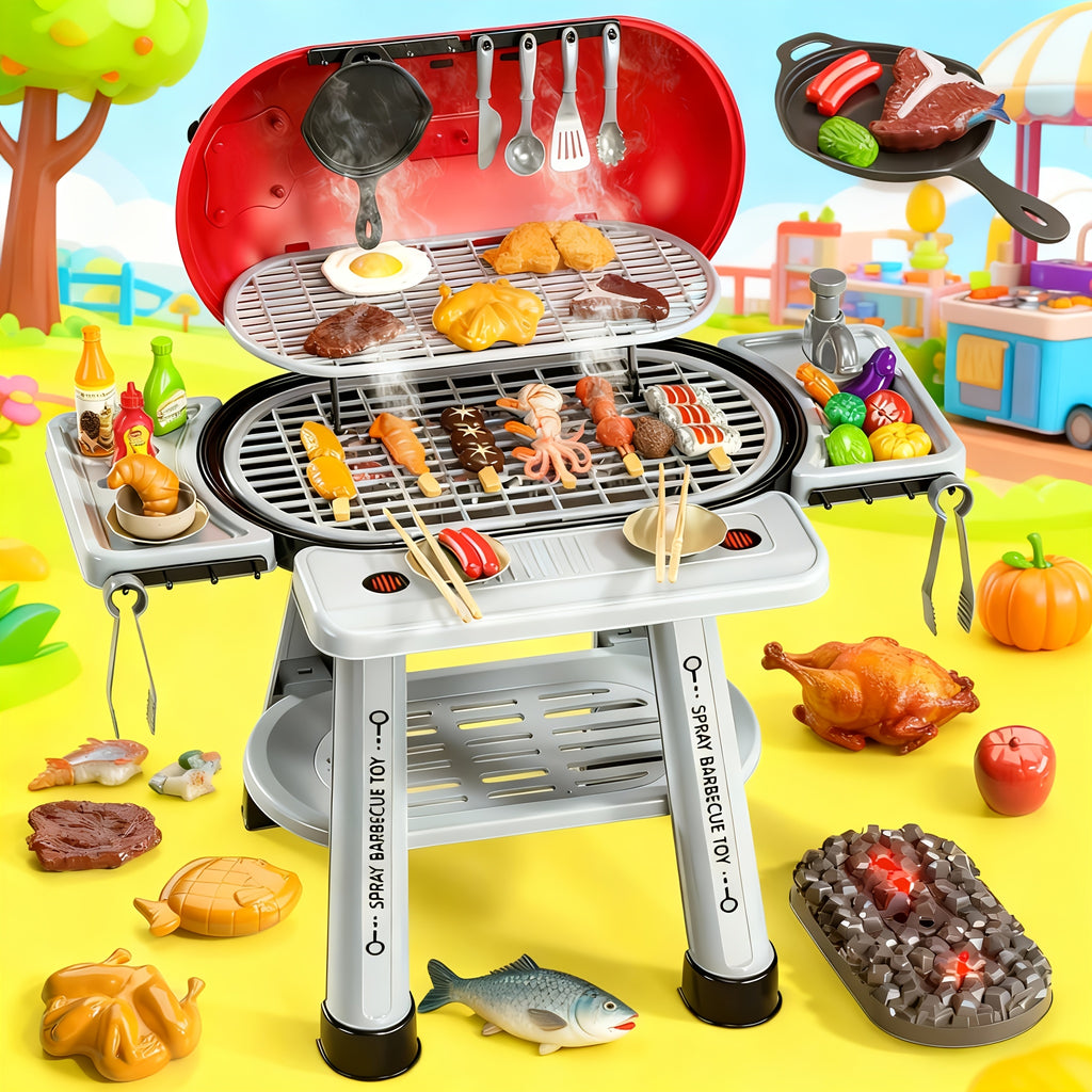 Imaginative BBQ Grill Playset for Kids, Two-Tier Structure, Includes Toy Food Items Like Meats, Fruits, Spices, And a Functional Water Tap, Suitable for Girls Aged 3 And Up
