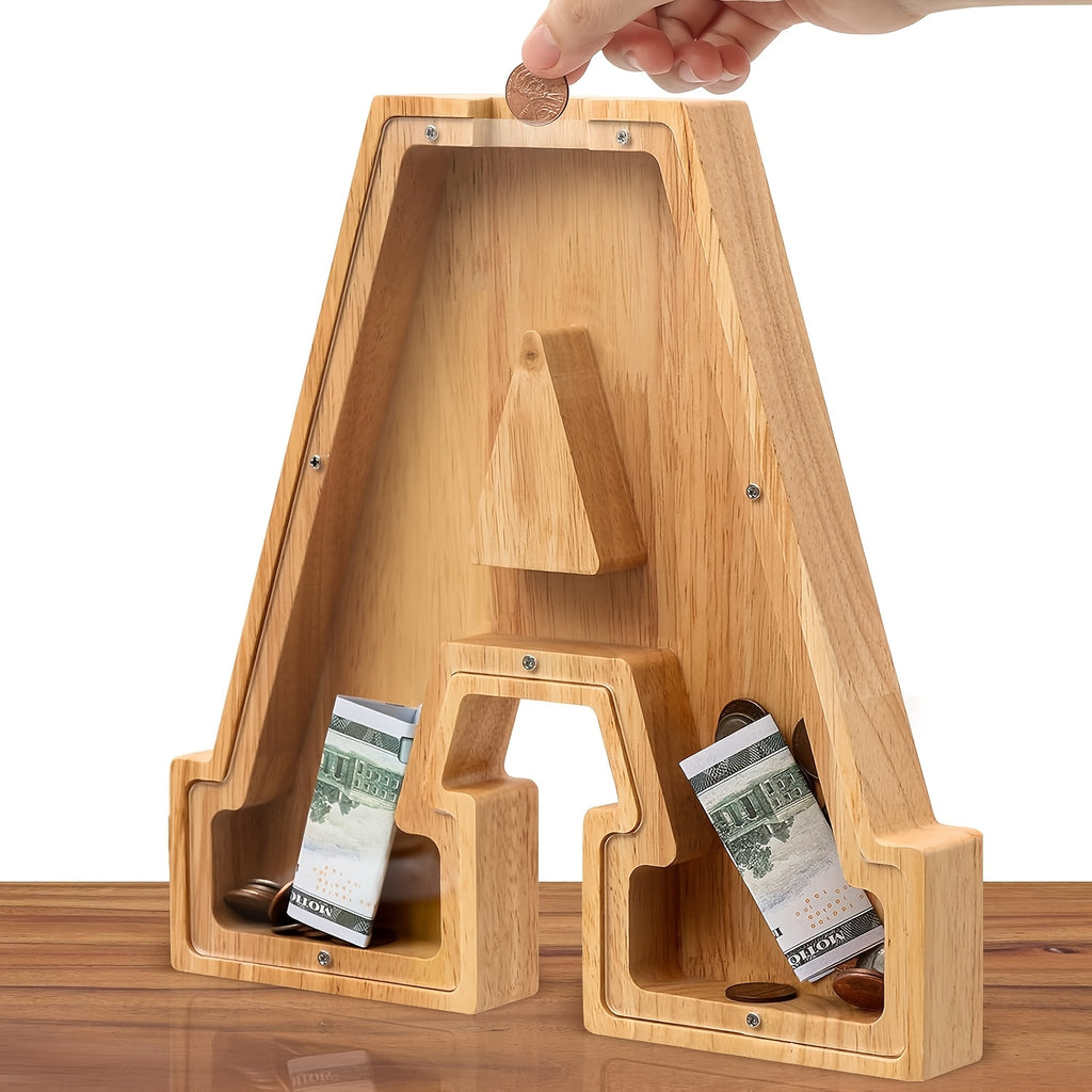 [Christmas New Year Birthday] Wooden Alphabet Money Bank - Large-Size With 26 Letters, Coin Savings Jar For Christmas, New Year And Birthday Gifts