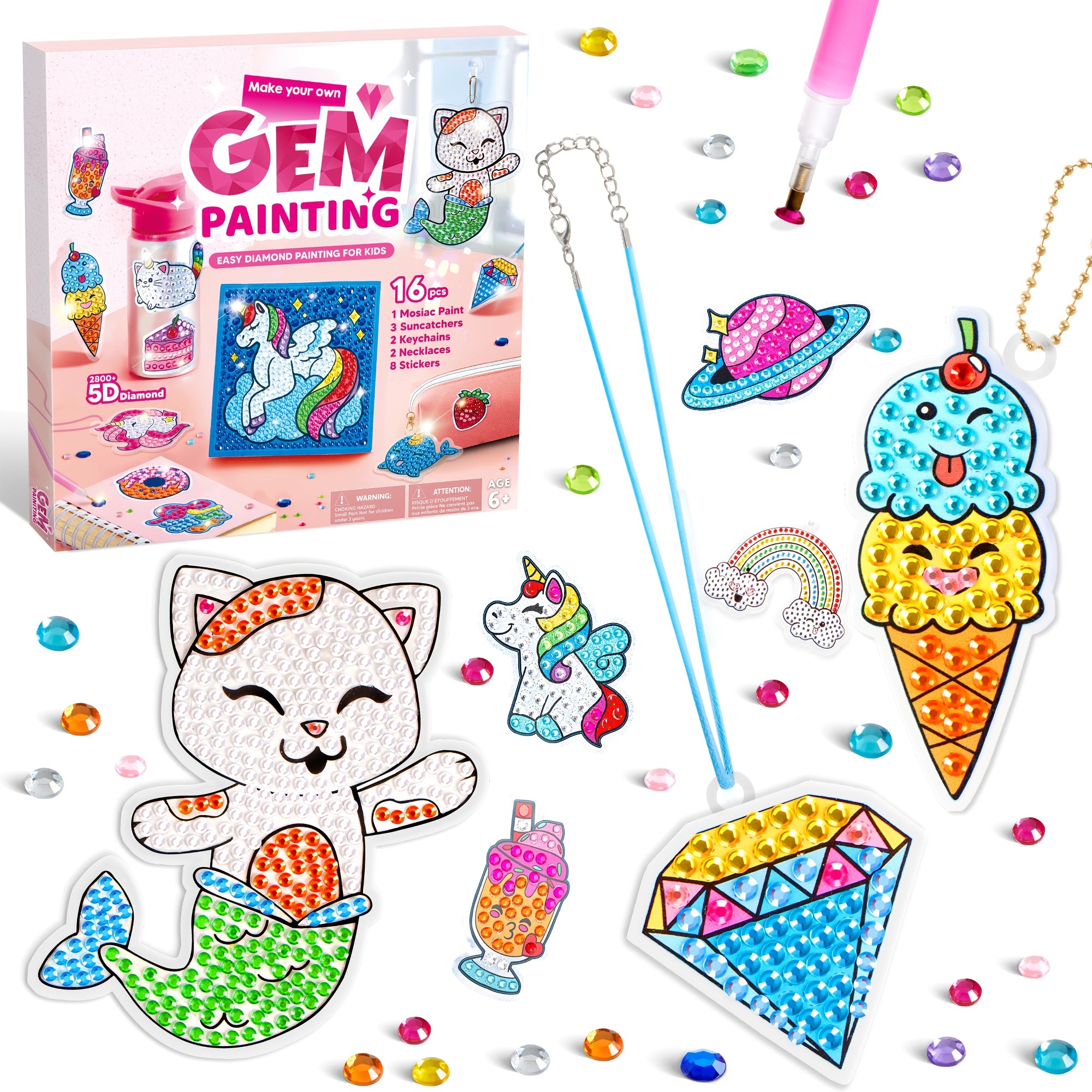 16 Projects Gem Painting Toy for Kids, Kids Diamond Gem Painting Kit with 5D Gem, Arts And Crafts for Girls Ages 6+, Gem Craft Activities Kits, Premium Art Gift Ideas for Birthday Christmas Easter Party