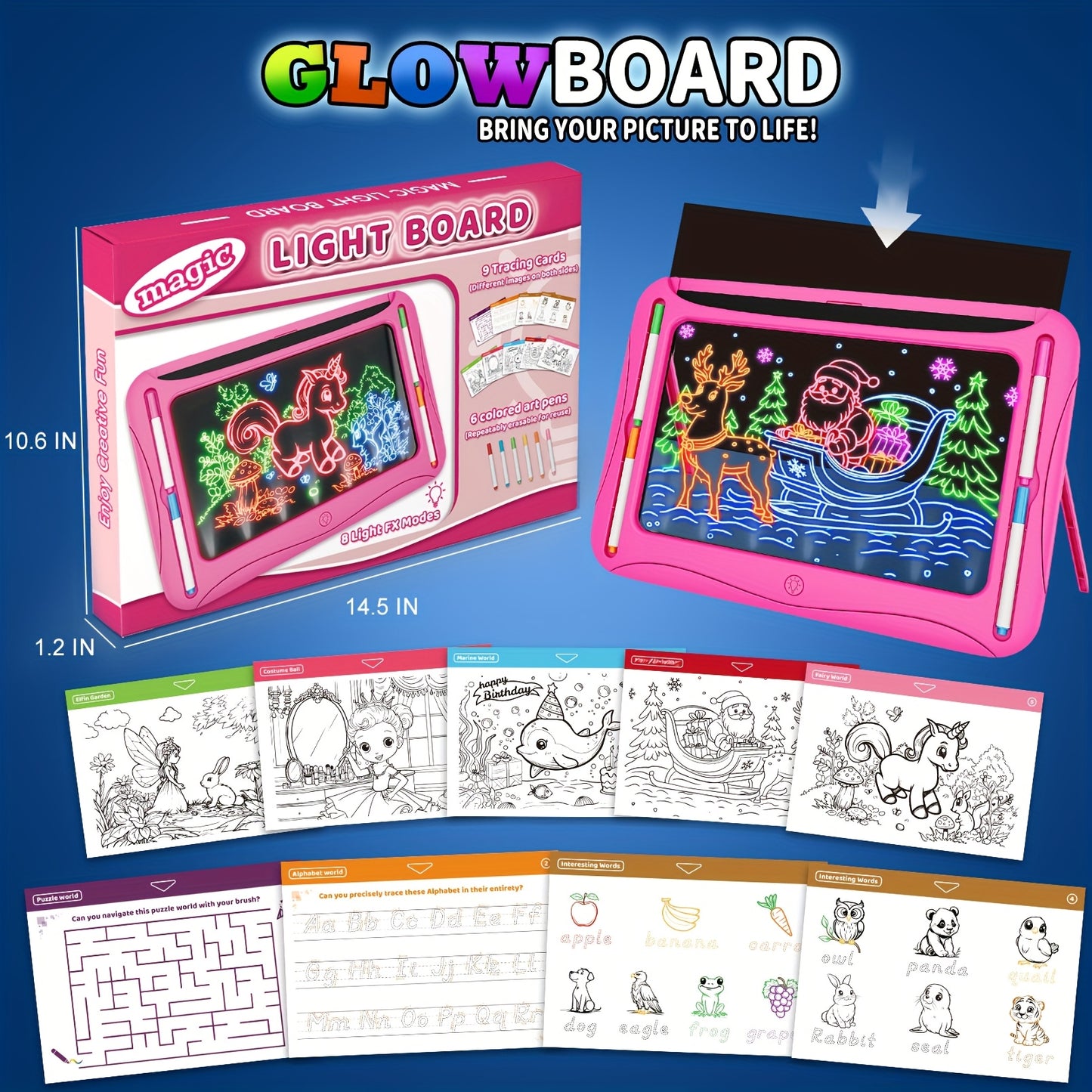 LED Light-Up Drawing Writing Doodle Board, Learning Travel Toy with 9 Double-Sided Cards, 6 Markers, Art Set, Suitable for Birthday Gifts And Christmas Gifts for Girls And Boys Aged 3-8.