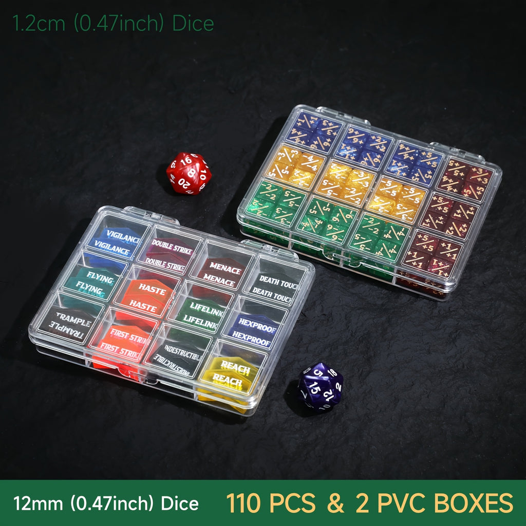 Counter Dice Set -110pcs 12mm/0.47inch 6 Sided +1/-1 Tokens Dice D20 Dices Set & M Keyword Counters Tokens for This Great Magic, TCG, Card Games Accessories