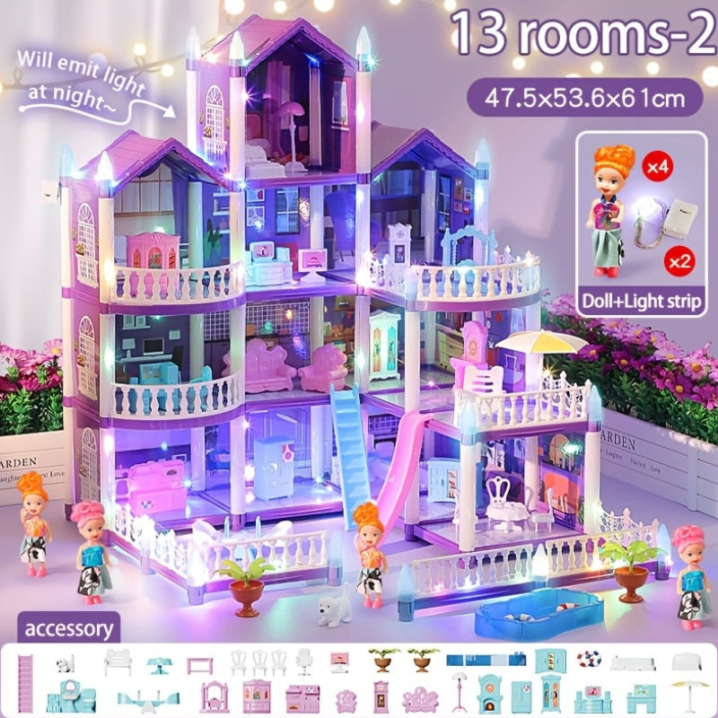 A Dollhouse Designed for Girls, Featuring 11 Rooms, Doll Figures, Puppies, Furniture, Additions, And LED Lighting, Making It an Ideal Playhouse Gift for Girls Aged 3 to 10