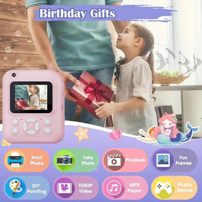 Instant Printer Camera for Kids - Camera Game MP3 3-in-1, Instant Print Photos In 1 Second, Puzzle Games, 10x Digital Zoom, 2.4'' HD Screen, Photography - 32G Card, Card Reader, USB Cable, Lanyard, Print Paper, Storage Bag - Perfect Halloween
