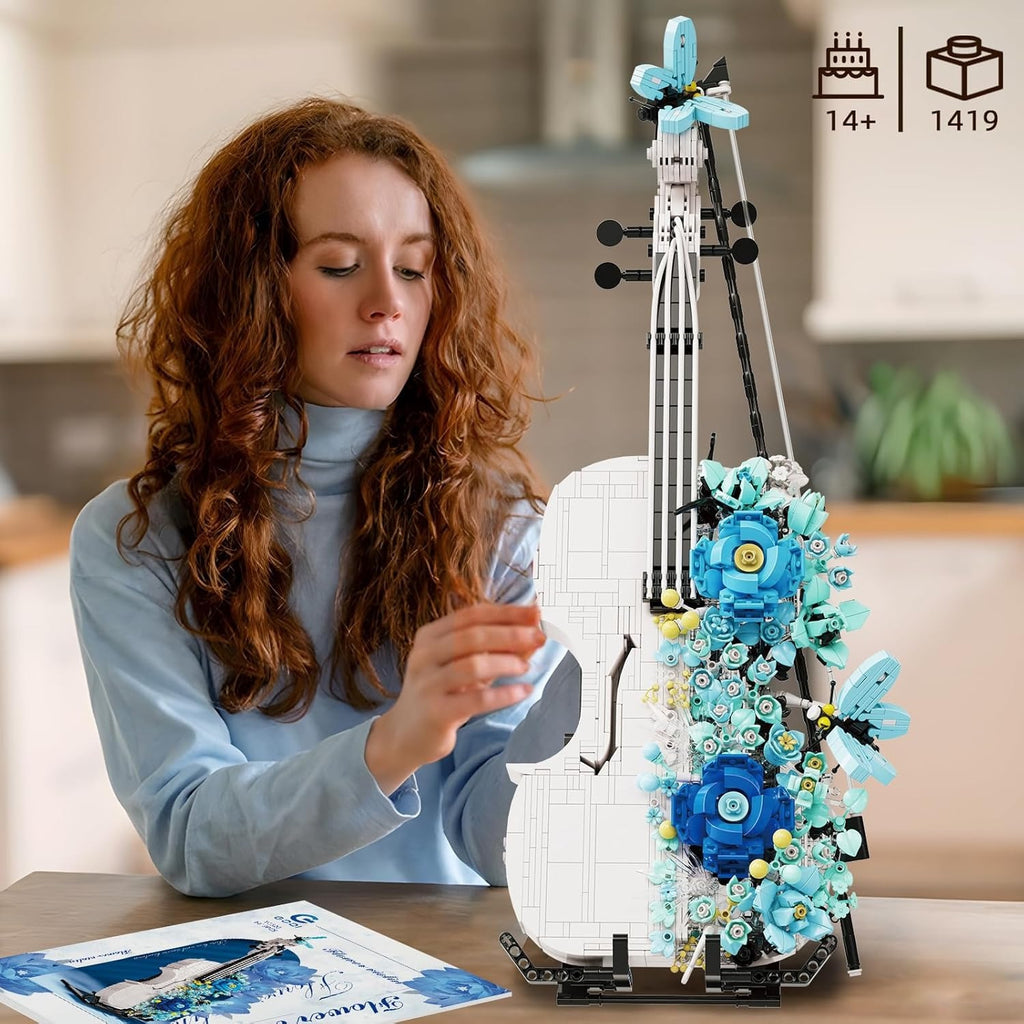 Flower Violin Building Blocks Sets for Adults - 3D Musical Instrument Model, Building Brick Set for Home Decor in The Living Room, Bedroom, Or Office - an Ideal Birthday, Christmas, Or Father'S Day Gift! 1419+PCS