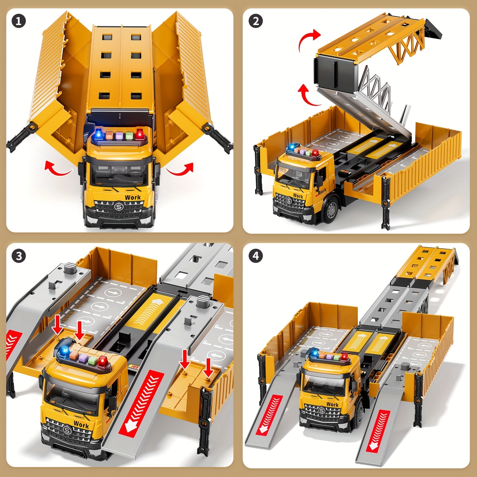 [Ideal Christmas] BABY HOME Multifunctional Construction Vehicle Container Truck Toy Set with Crane and Track Aged 3+, 4 Small Alloy Construction Truck, Foldable Double Racing Track, Realistic Sound & Flashing, Durable Construction Toy Vehicle, Ideal Chri
