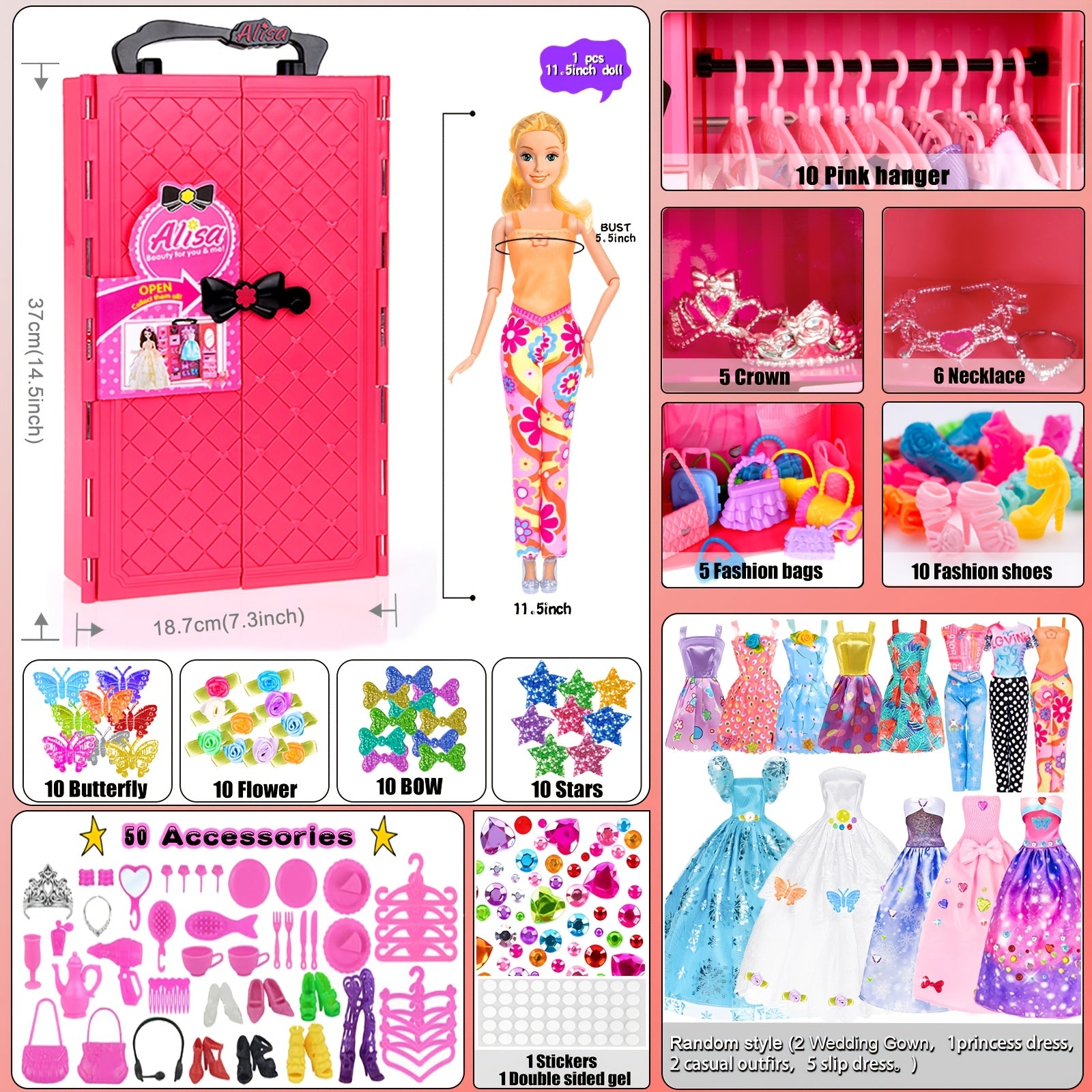 140pcs 11.5 Inch Girl Doll Closet Fashion DIY Wardrobe with Clothes And Accessories Including Doll, Wardrobe, Wedding Dress, Shoes, Necklace, Bags And More (Include Doll)