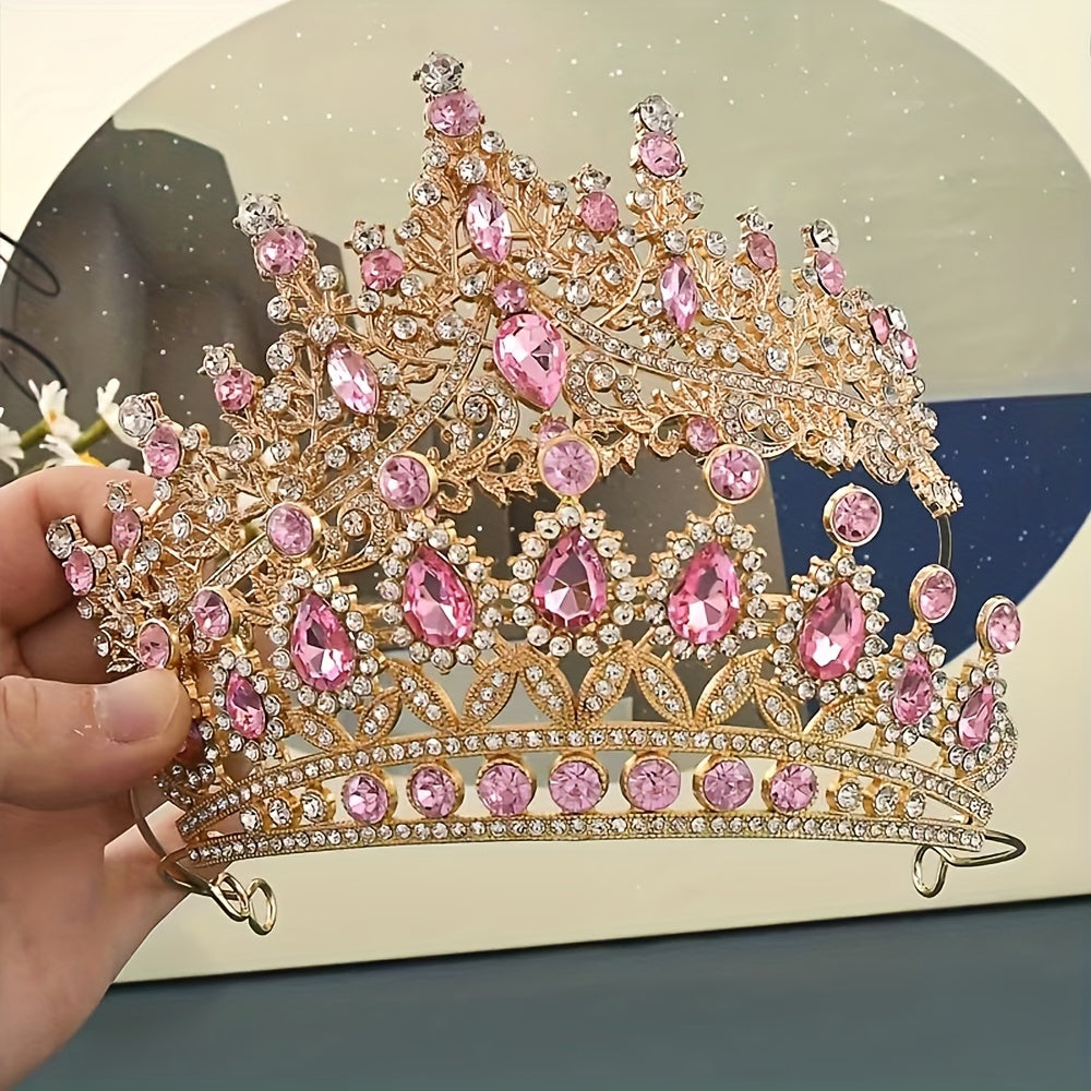 2pcs High-End Baroque Style Crowns with Pink Gemstones - an Elegant Headwear Suitable for Princess And Knight Themed Parties, Dances, And Celebrations