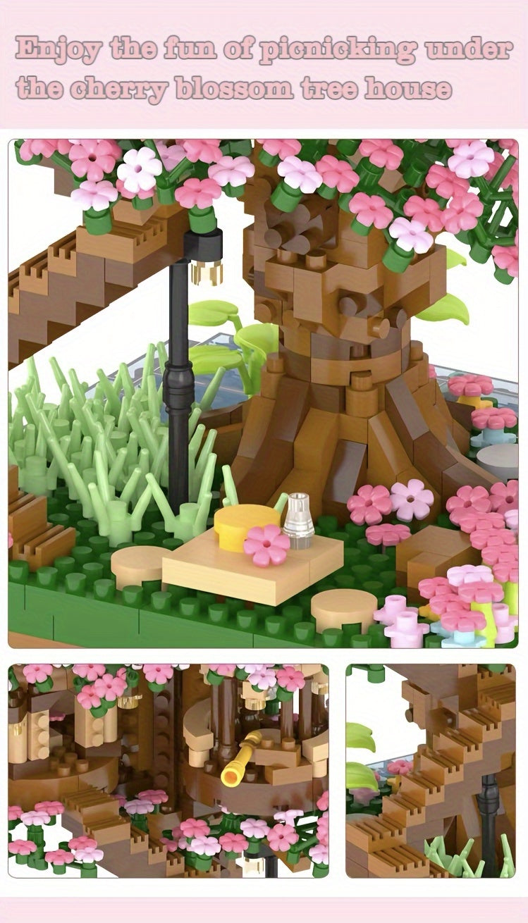 2028/1020pcs Tree House, Cherry Blossom, Eternal DIY Home Desk Decoration, Suitable for Boys And Girls, Mini Building Blocks, Assembly Set, Relax Toy, Children's Day Gift, Collectible Model Set, Living Room Decoration Building Blocks