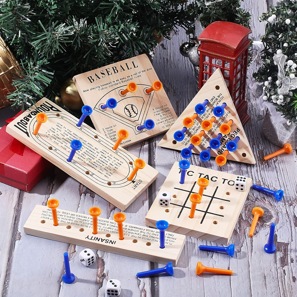 1-set/2-set Wooden Board Game, Luban Lock Including 5 Style Wooden Game Board And Plastic Pieces And Dice Puzzle Brain Games Set, Wooden Peg Games Assortment Kit Board Games Clearance