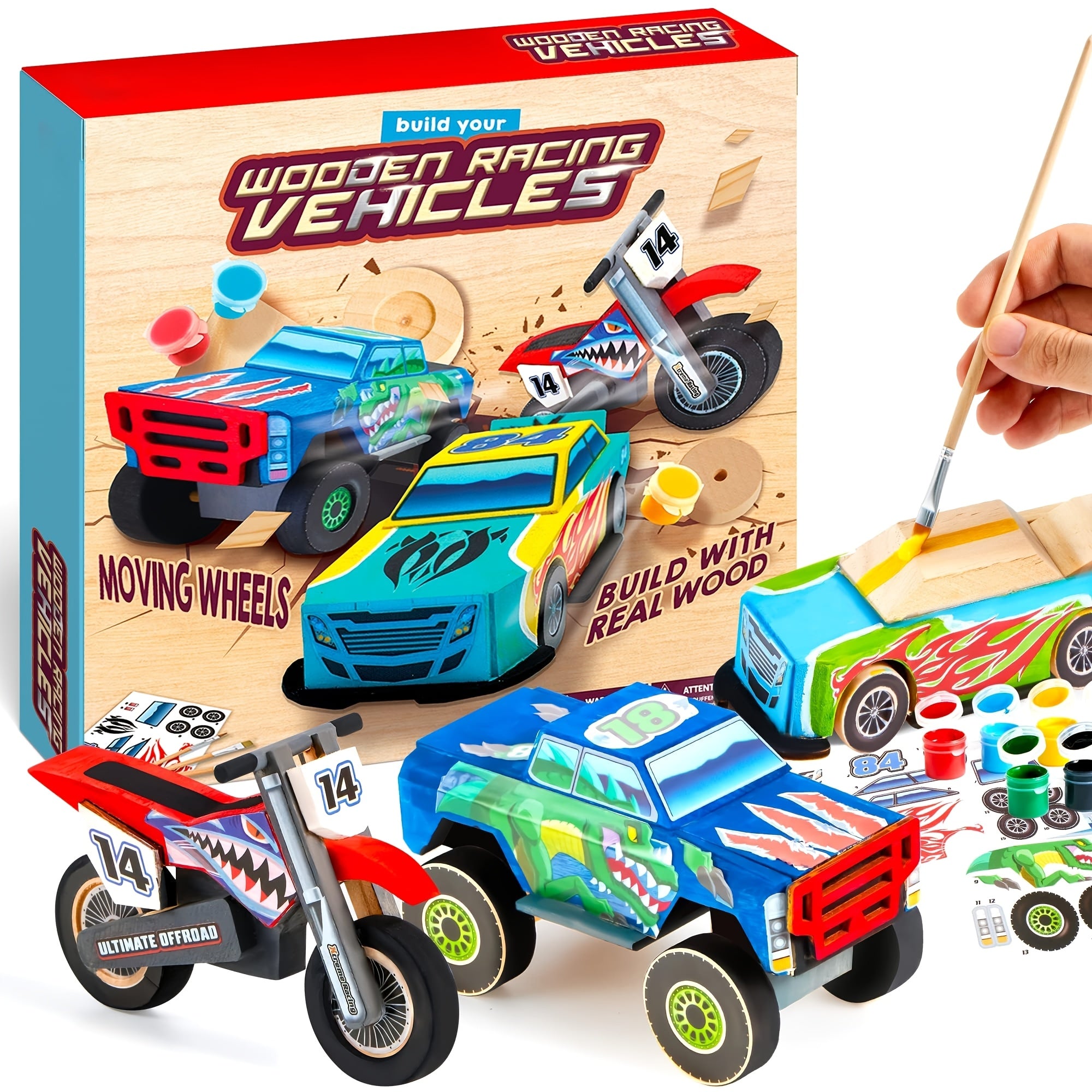SYNCFUN Craft Set to Create And Decorate Your Own Wooden Race Car - Toy Kit for Building And Painting a Car Or Truck, Perfect Gifts for Kids