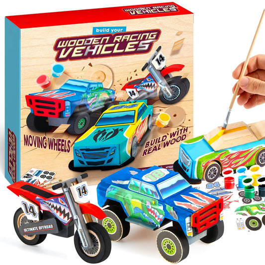 SYNCFUN Craft Set to Create And Decorate Your Own Wooden Race Car - Toy Kit for Building And Painting a Car Or Truck, Perfect Gifts for Kids
