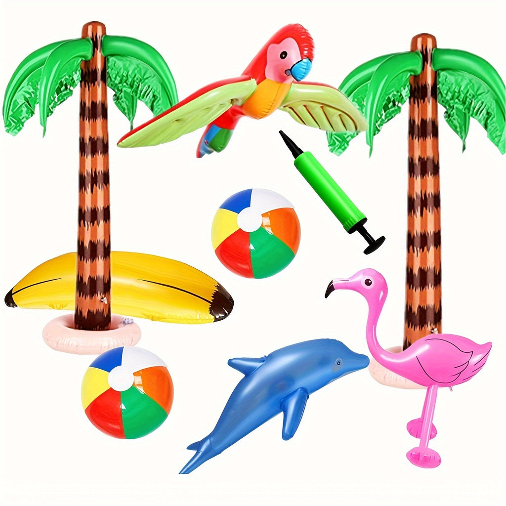 9pcs Inflatable Hawaiian Party Set, 2 Coconut Trees, 2 Beach Balls, 1 Parrot, 1 Flamingo, 1 Banana, 1 Dolphin, 1 Pump Party Supplies, Beach Parties, Swimming Pool Parties