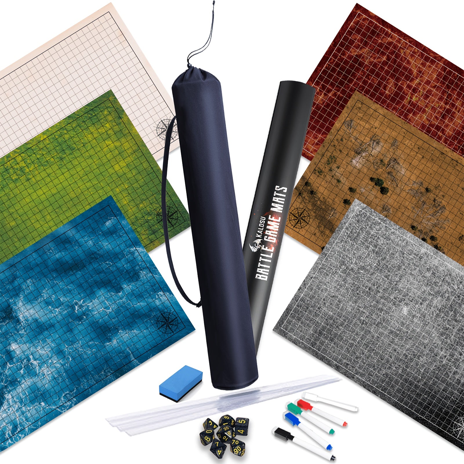 Battle Map, With Dice Accessories, Shoulder Bag, 3 Pack 6 Terrain 24x36, 1 Inch Grids Dry Erase Battle Mats, Lay Flat Easier Clips, Double-Sided DM Tool For Dungeons Role Playing Tabletop Game, 5e, Pathfinder & TRPG Board Games
