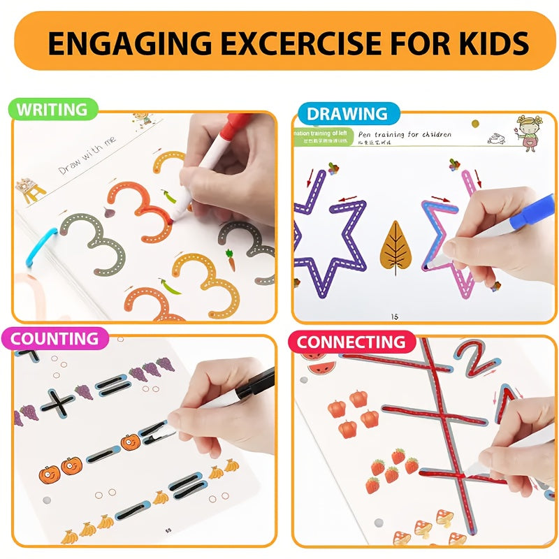 64 pages, 8 pens, writing and drawing set, magic practice handwriting book set, suitable for children aged 3-8 - enhances writing skills, comes with erasable pens and refills, educational drawing and pen control workbook, essential for early learning