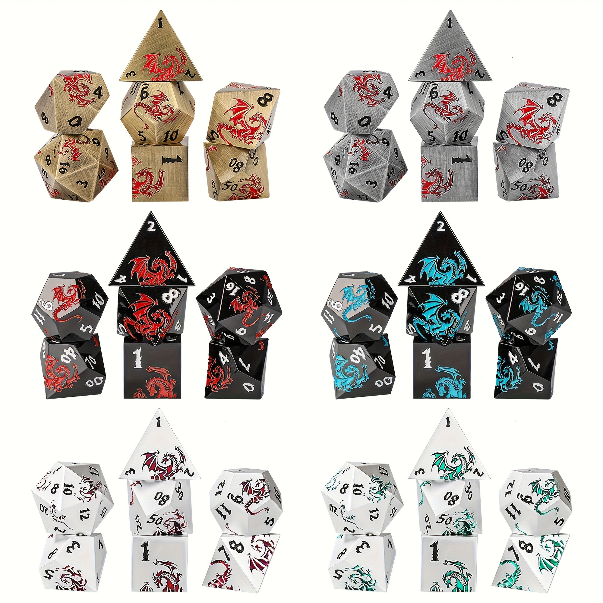 7pcs Of Retro Metal Dice Set, Finely Carved Pattern Fonts And Dragon Patterns, Including A Storage Bag with Dragon Patterns, Essential for TRPG Games, Tabletop Role-playing Game Props, Polyhedral Dice, D20 D12 D10 D8 D6 D4, Handmade Polishing