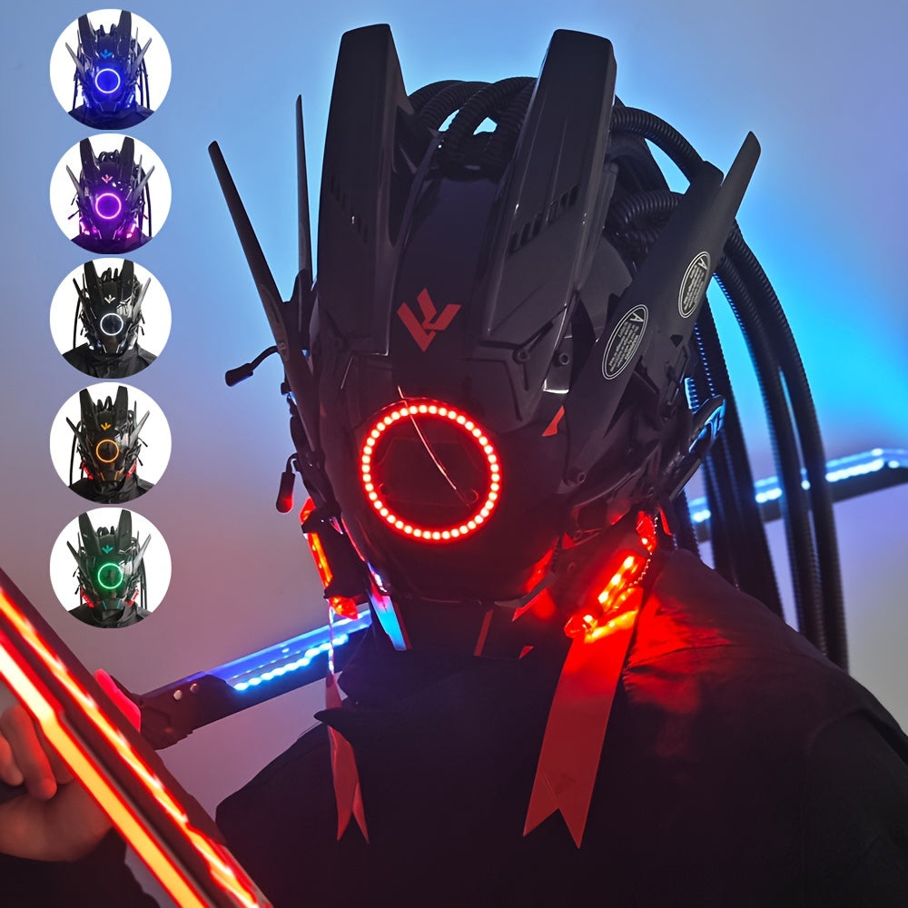 1Pcs Cool LED Lights Punk Mask With Tubular Braid Futurist Science Fiction Mechanical Mask Halloween Cosplay Masks Sci-fi Gear Party Music Festival Props