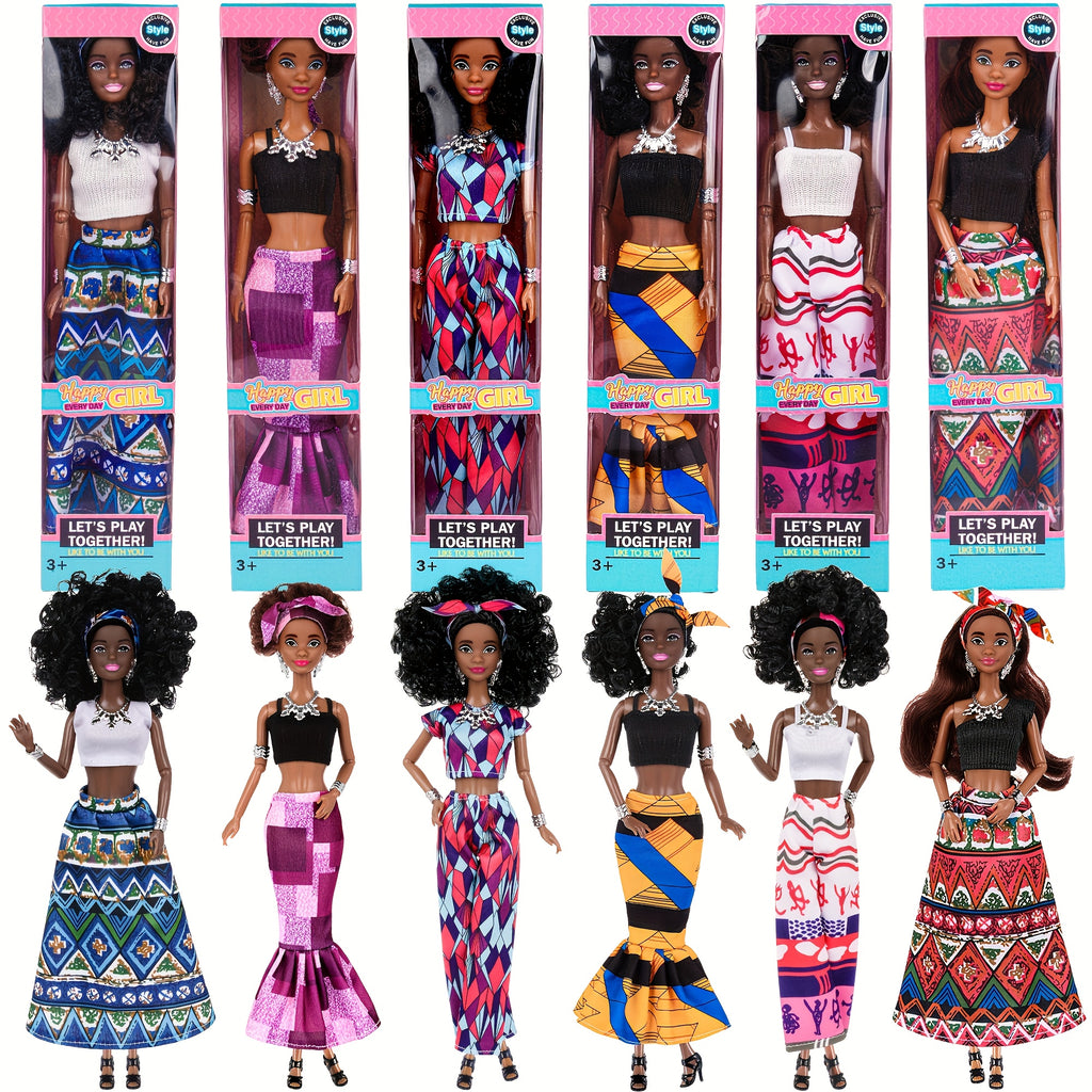 [Girls' Party Favors] 6pcs Fashion 11.5 Inch African American Black Toy Girl Doll Play Set, Curly Hair with Wearing Removable Dress & Accessories, Variety Pack for Kids, Girls' Party Favors