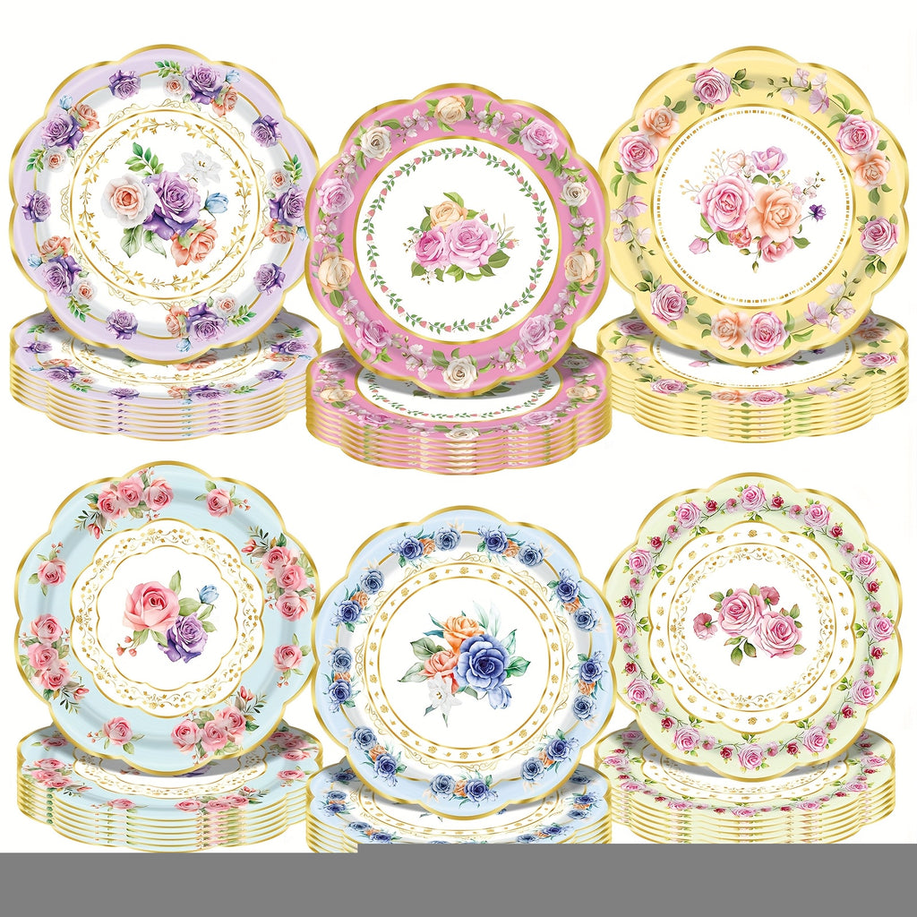 48pcs, Floral Paper Plates for Tea Parties And Birthday Celebrations, Disposable Plates for Engagement And Wedding Parties, Floral-Themed Disposable Tableware for Baptisms