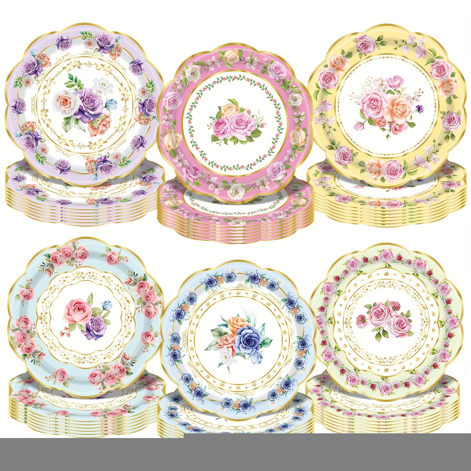48pcs, Floral Paper Plates for Tea Parties And Birthday Celebrations, Disposable Plates for Engagement And Wedding Parties, Floral-Themed Disposable Tableware for Baptisms