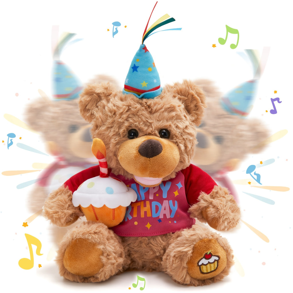13.5-Inch Birthday Teddy Bear Interactive Plush Toy (Without Batteries), Electric Singing Music Plush with Cupcake, Glowing Candle Teddy Bear Gift for Kids Girls Boys Birthday Holiday Baby Shower, Perfect Present for Children, Super Soft