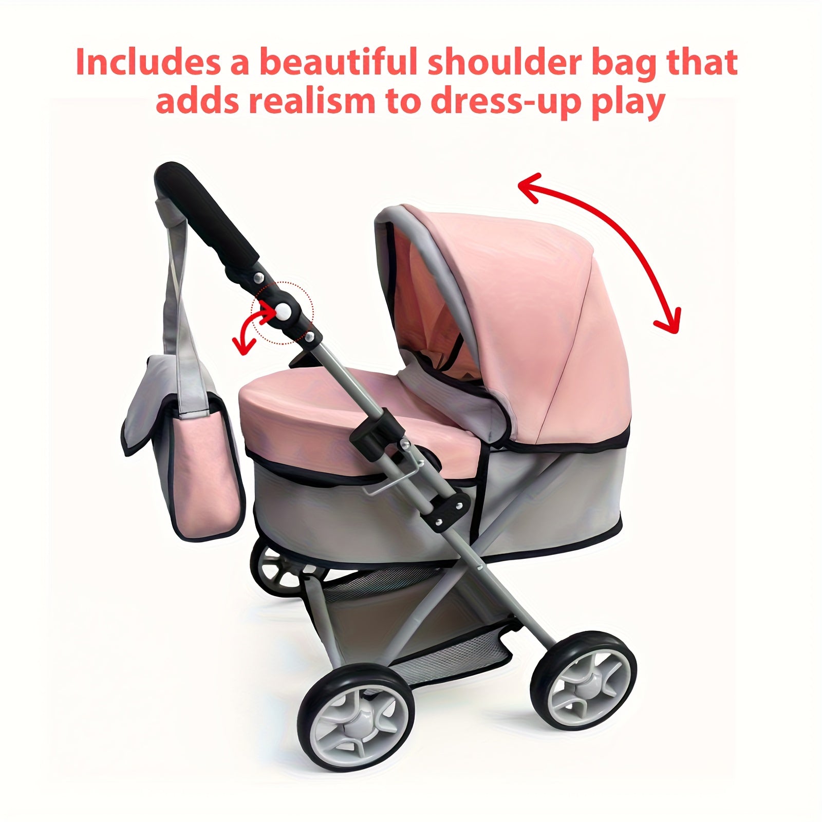 Novocreation Adjustable Height & Foldable for doll Stroller - Light Gray/Pink, 16-20 Inch for dolls, Durable Plastic with Storage Basket & Ergonomic Handle, Ideal Gift for Doll Accessories, for doll Stroller, Playful Design, Sturdy Construction