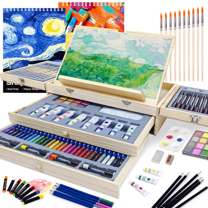 Professional Wooden Tabletop Art Easel for Painting, 85 Pieces Starter Acrylic Paint Set with Acrylic Paints, Sketch Pads, Brushes and Palette for Adults, Beginners, Professional, Arts, Crafts & Sewing, Painting, Drawing & Art Supplies