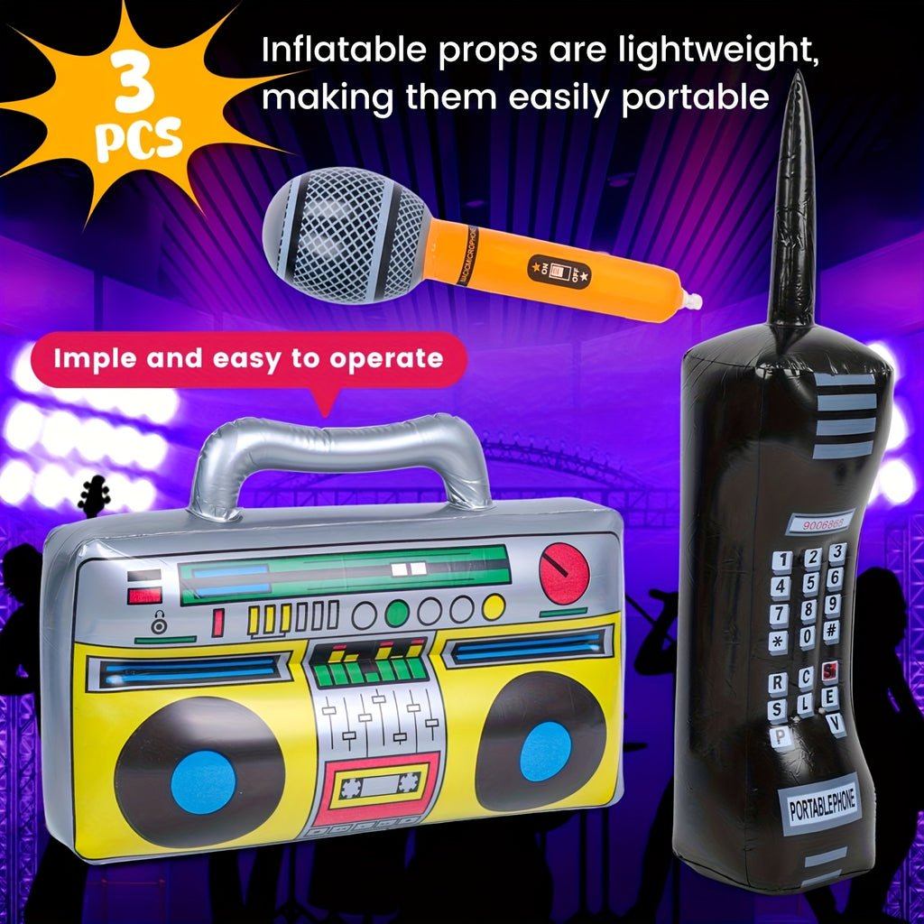3pcs Inflatable Props for Party, Inflatable Mobile Phone Boombox Blow Up Microphone for 80S for party Decorations Hip Hop Theme Birthday for party Supplies, Back to School, Graduation for party Supplies