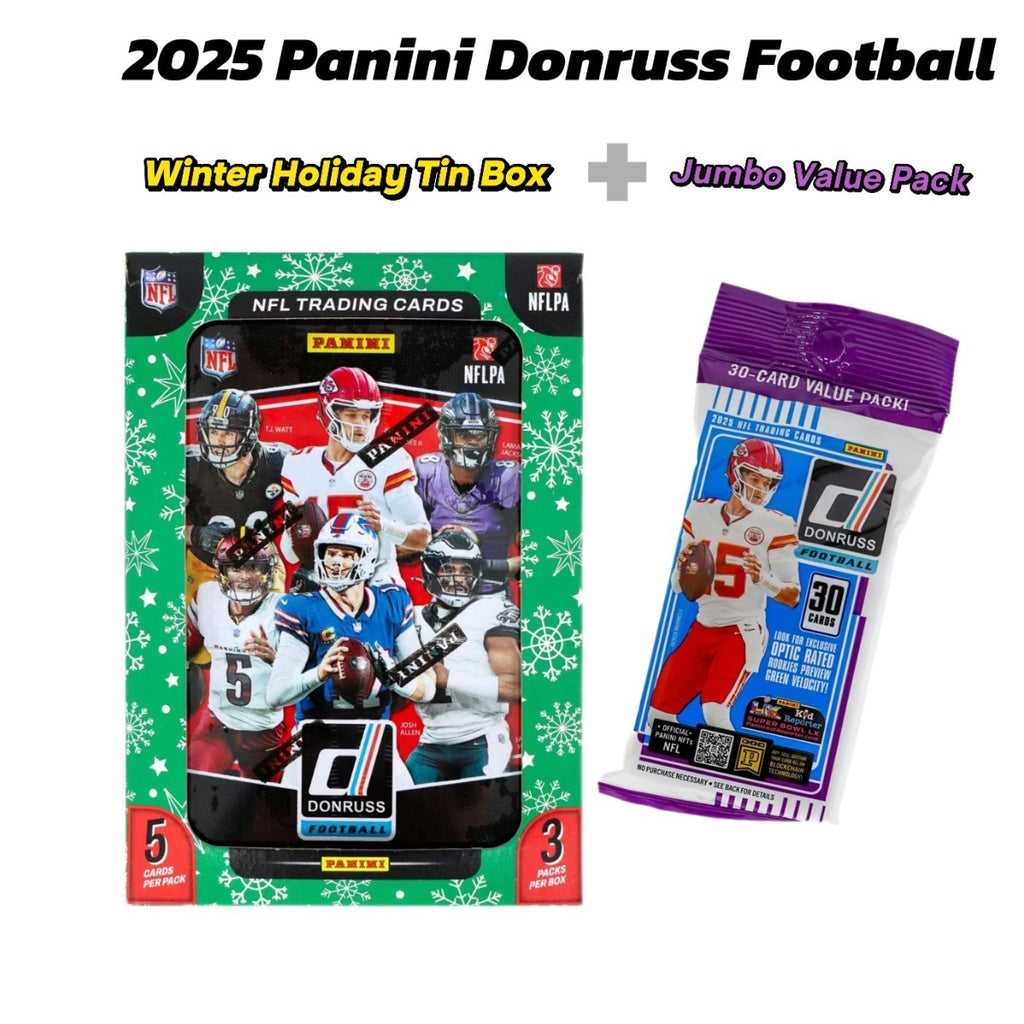 2025 Panini Donruss Football Winter Holiday Tin Trading Card Box (3 Exclusive Press Proof Purple Cards Per Tin) And Jumbo Value Pack